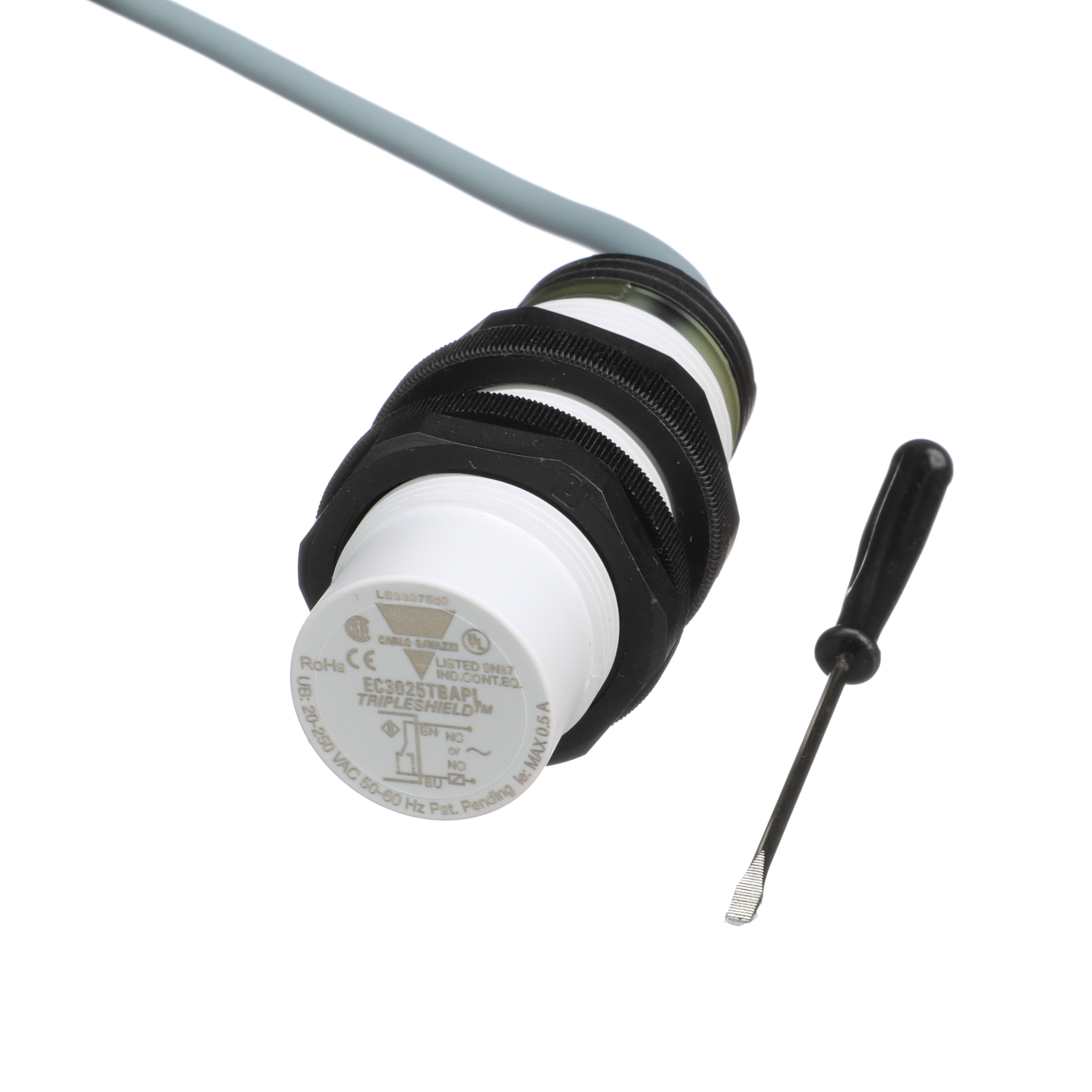 Carlo Gavazzi Capacitive Plastic Barrel Sensor; 25mm; Non-Embeddable; 20-250VAC; 1NO &plus; 1NC; SCR; 2m Potted Cable